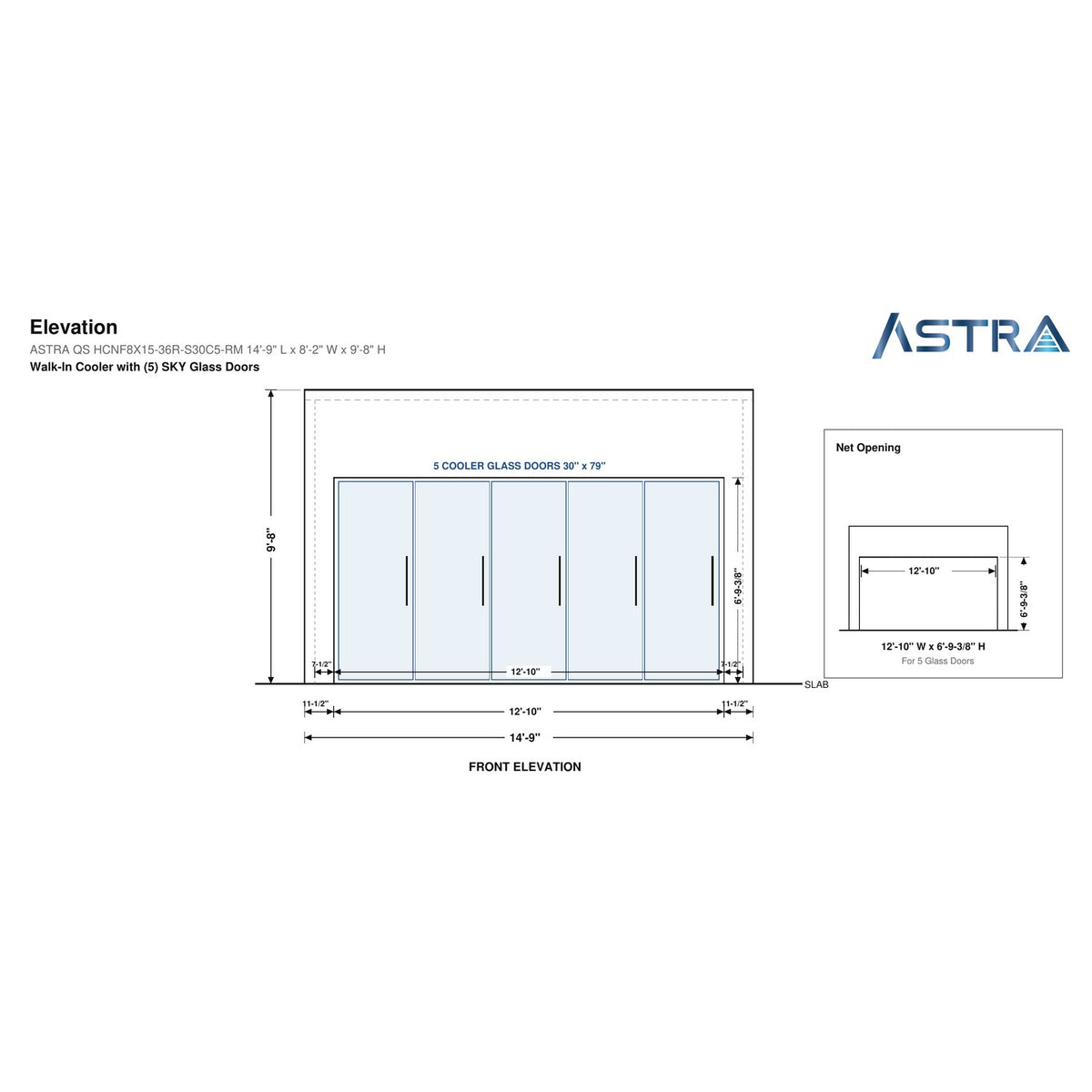 Astra HCNF8X15-S30C5-RM walk-in cooler no floor with 5 glass doors and remote refrigeration, front elevation drawing with glass door net opening