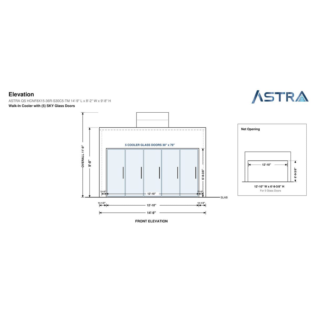 Astra HCNF8X15-S30C5-TM walk-in cooler no floor with 5 glass doors and top mount refrigeration, front elevation drawing with glass door net opening