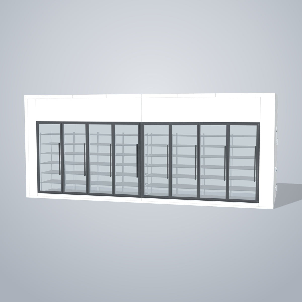 Astra HCNF8X23-S30C8 8' x 23' Walk-In Cooler No Floor, 8 Glass Doors, front 3D view of the glass door wall