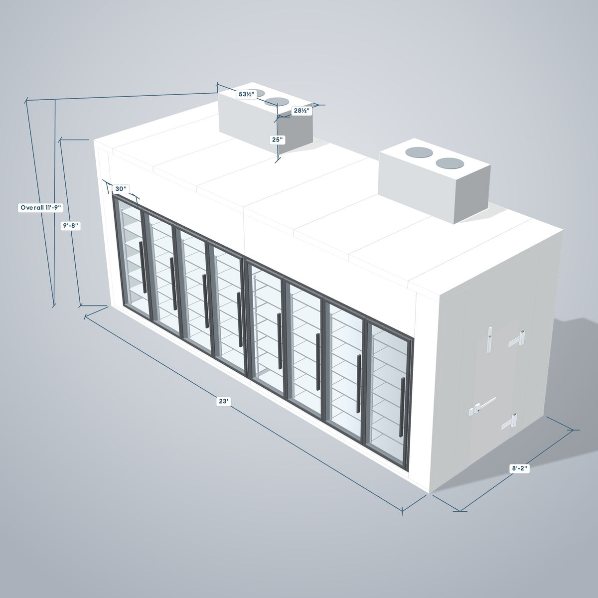Astra HCNF8X23-S30C8-TM 8' x 23' Walk-In Cooler No Floor, 8 Glass Doors, 3D view with outside dimensions