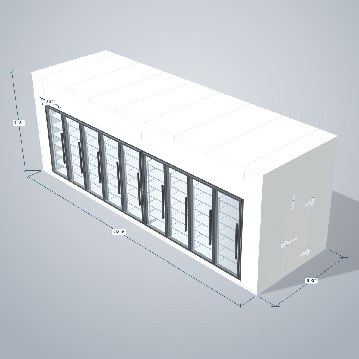 Astra HCNF8X26-S30C9 8' x 26' Walk-In Cooler No Floor, 9 Glass Doors, 3D view with outside dimensions