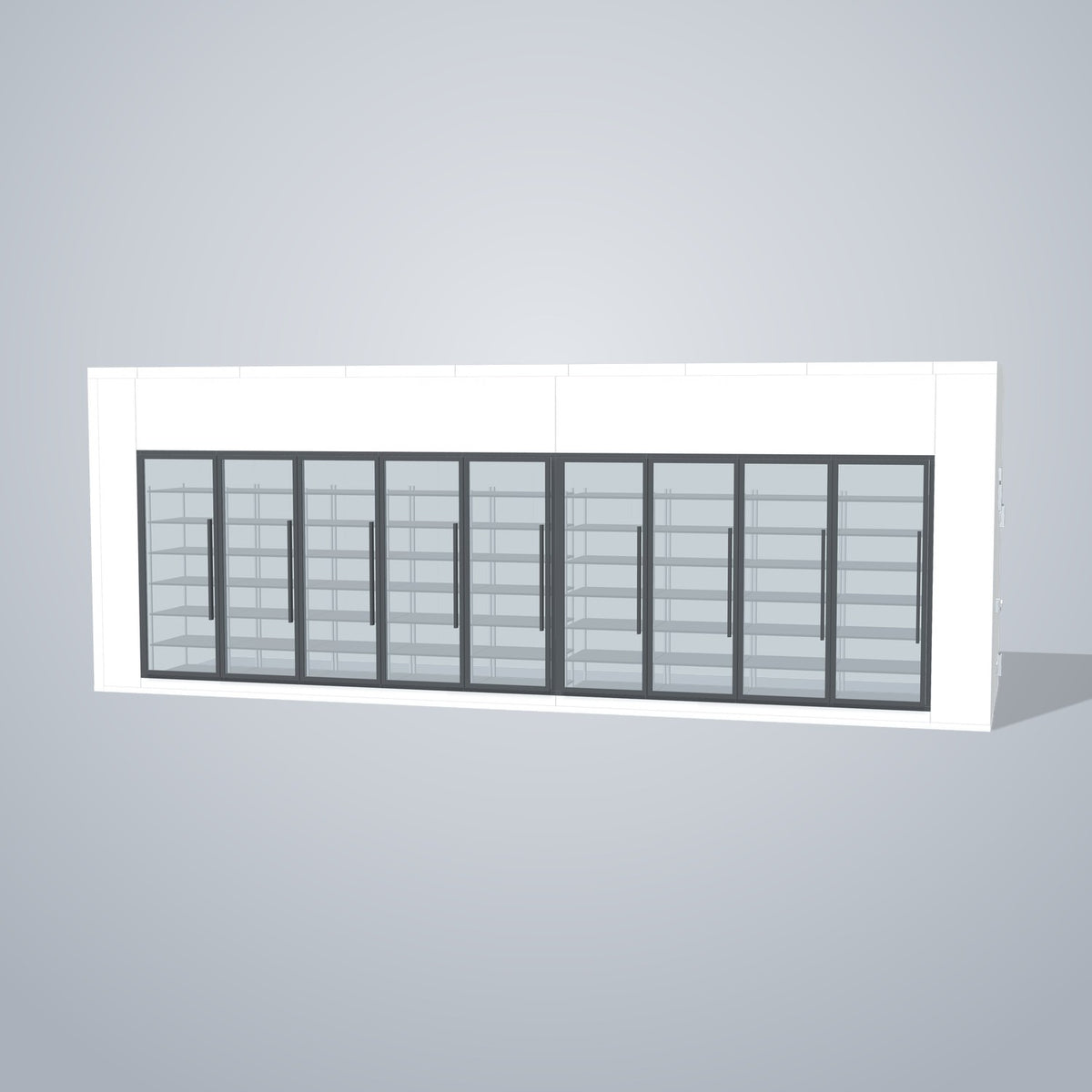 Astra HCNF8X26-S30C9-RM 8' x 26' Walk-In Cooler No Floor, 9 Glass Doors, front 3D view of the glass door wall