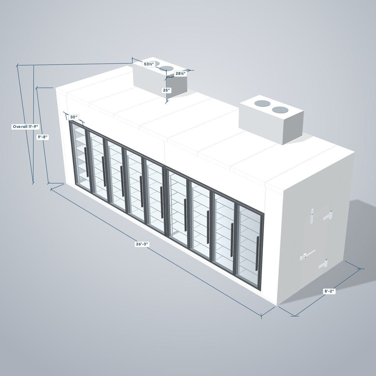 Astra HCNF8X26-S30C9-TM 8' x 26' Walk-In Cooler No Floor, 9 Glass Doors, 3D view with outside dimensions