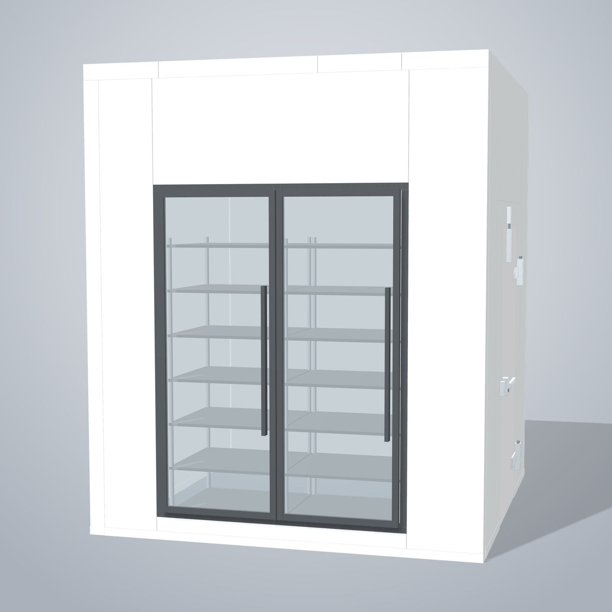 Astra HCNF8X8-S30C2 8' x 8' Walk-In Cooler No Floor, 2 Glass Doors, front 3D view of the glass door wall