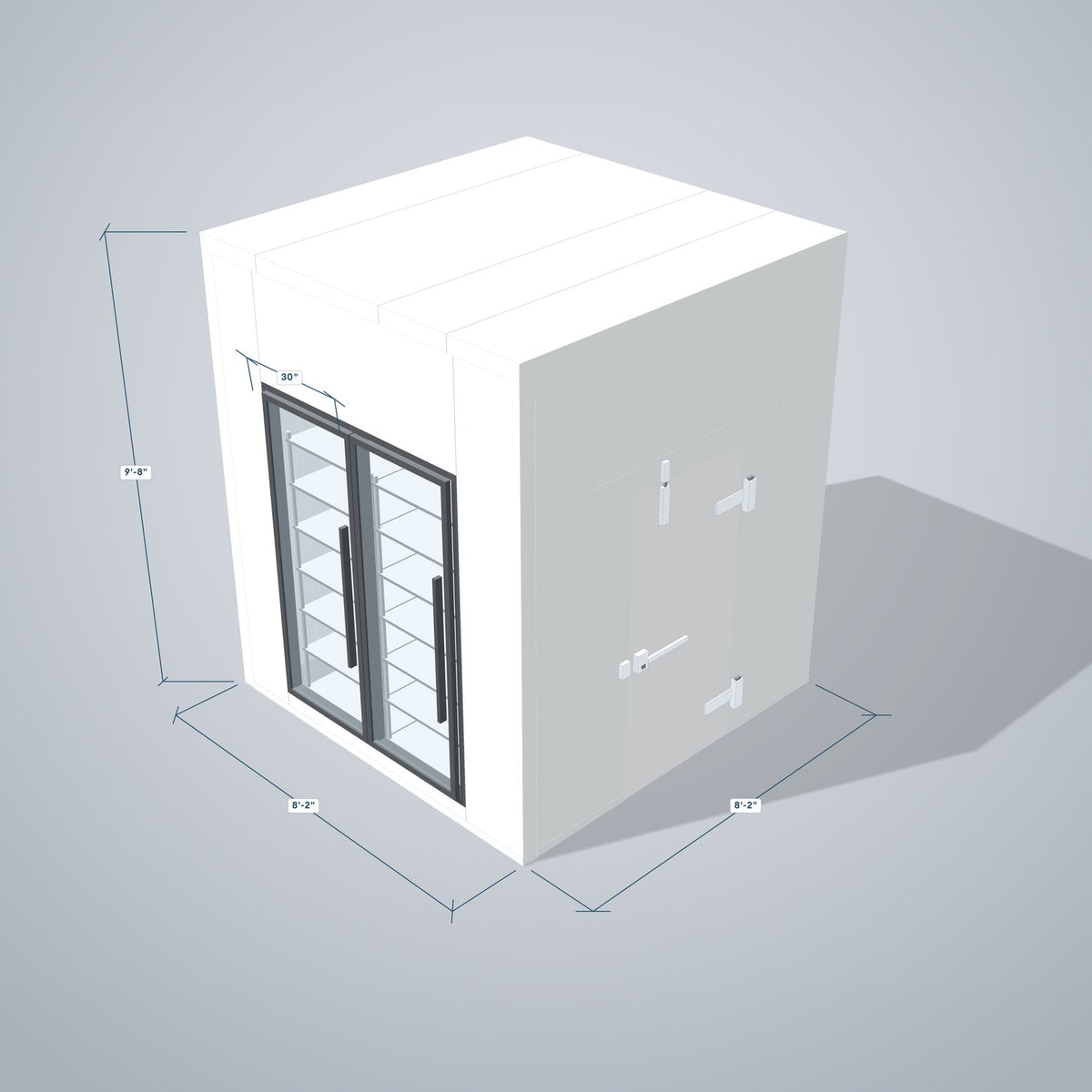 Astra HCNF8X8-S30C2-RM walk-in cooler no floor with 2 glass doors and remote refrigeration, 3D view with outside dimensions