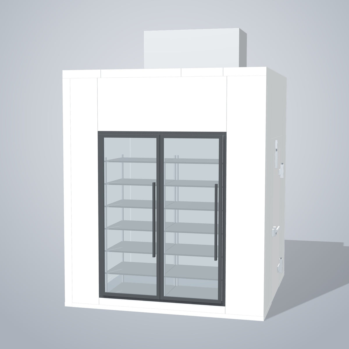 Astra HCNF8X8-S30C2-TM 8' x 8' Walk-In Cooler No Floor, 2 Glass Doors, front 3D view of the glass door wall