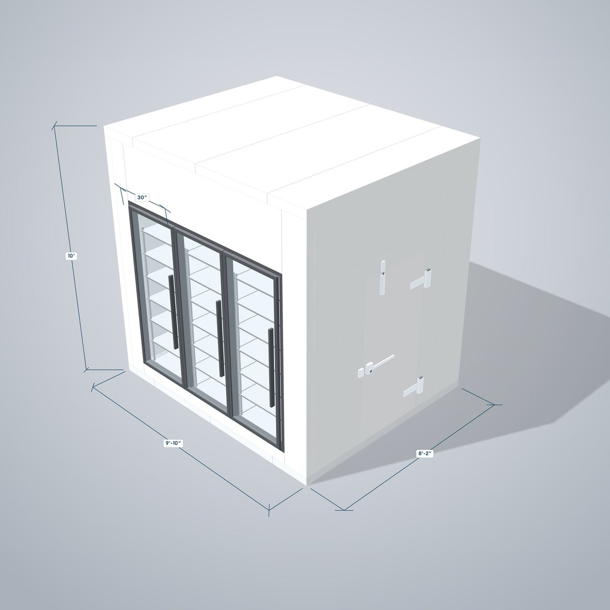 Astra HCWF8X10-S30C3 walk-in cooler with floor with 3 glass doors, 3D view with outside dimensions