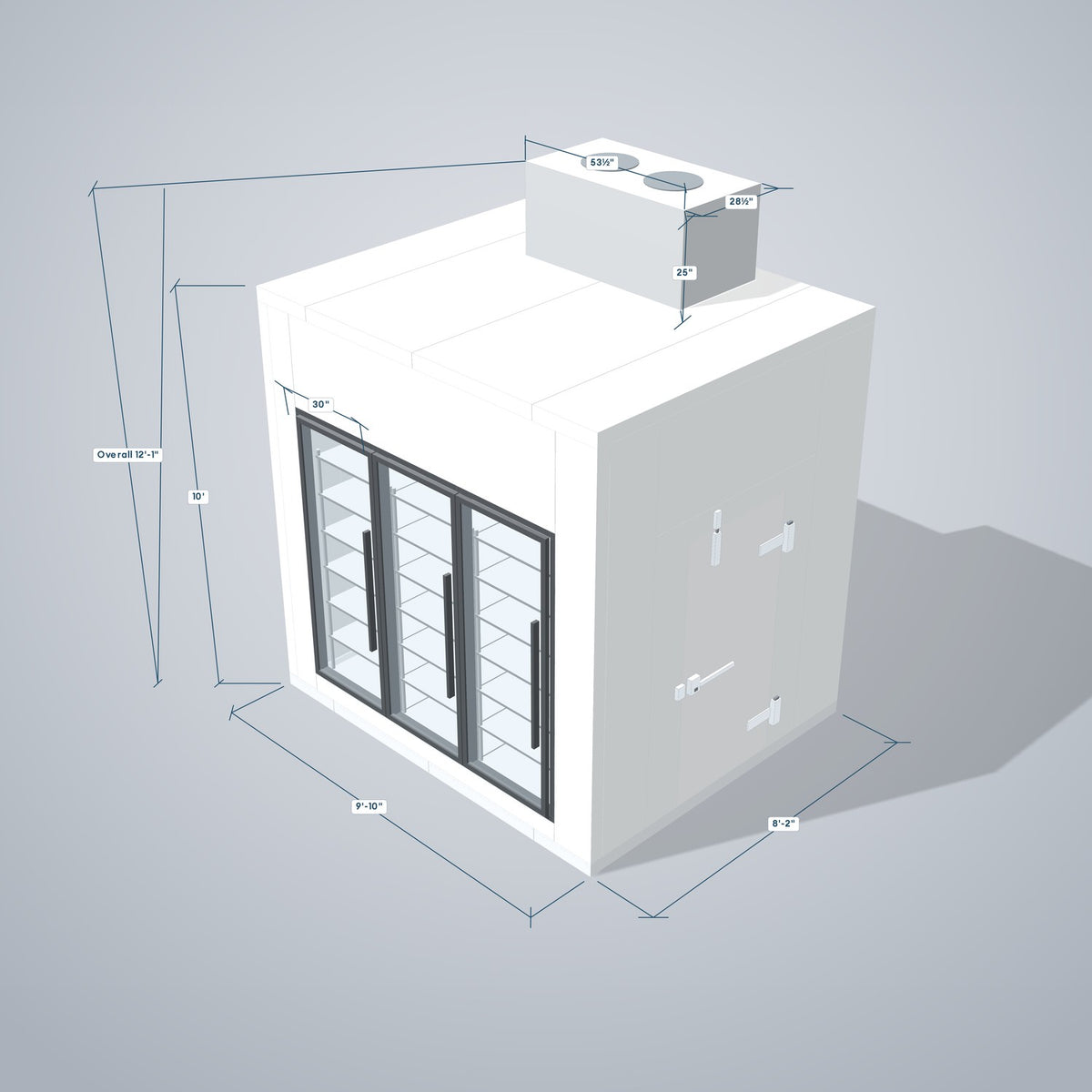 Astra HCWF8X10-S30C3-TM walk-in cooler with floor with 3 glass doors and top mount refrigeration, 3D view with outside dimensions