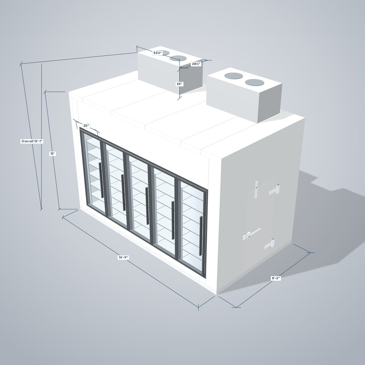 Astra HCWF8X15-S30C5-TM walk-in cooler with floor with 5 glass doors and top mount refrigeration, 3D view with outside dimensions