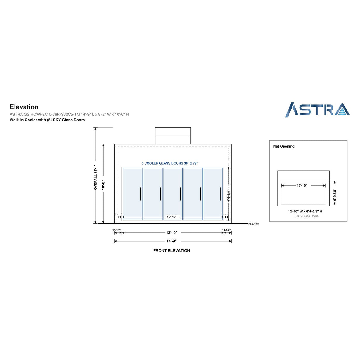 Astra HCWF8X15-S30C5-TM walk-in cooler with floor with 5 glass doors and top mount refrigeration, front elevation drawing with glass door net opening