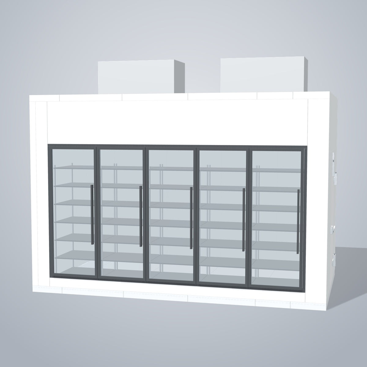 Astra HCWF8X15-S30C5-TM 8' x 15' Walk-In Cooler with Floor, 5 Glass Doors, front 3D view of the glass door wall