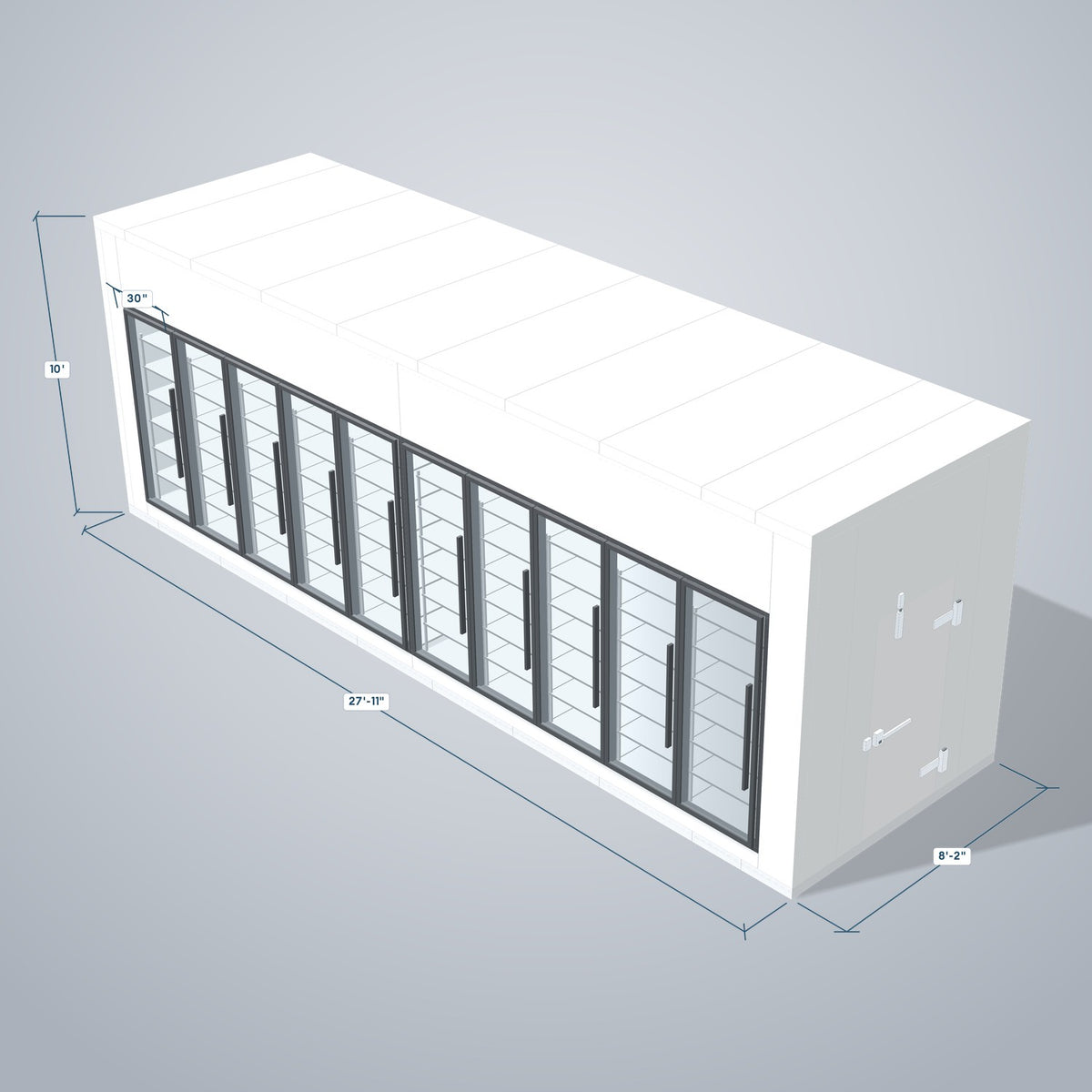 Astra HCWF8X28-S30C10-RM 8' x 28' Walk-In Cooler with Floor, 10 Glass Doors, 3D view with outside dimensions