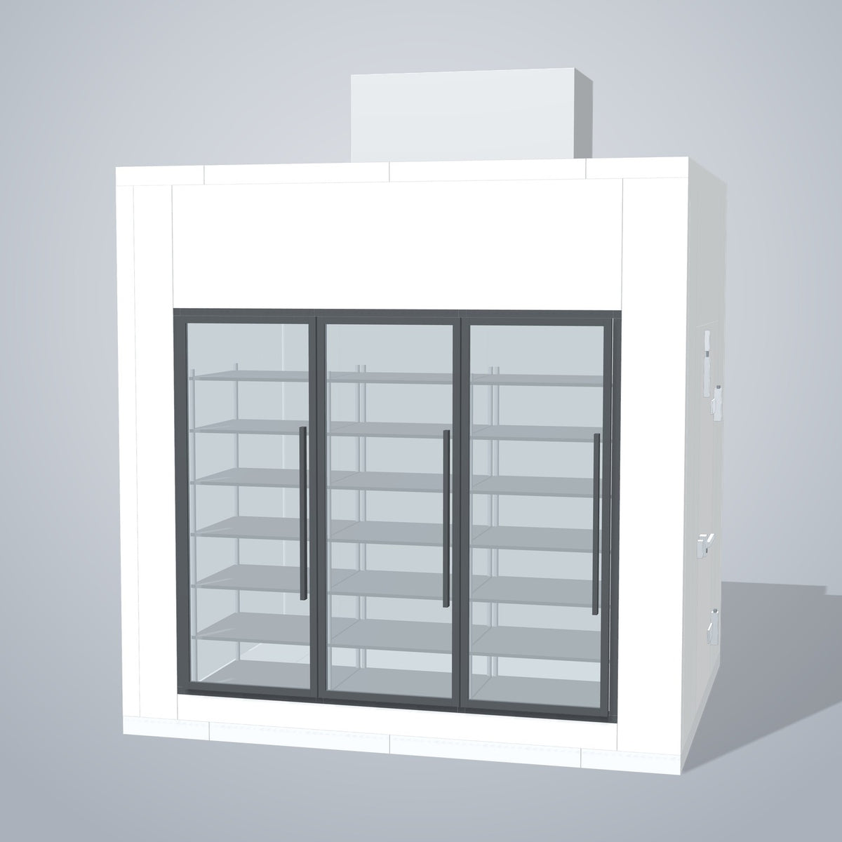 Astra HFWF8X10-S30F3-TM 8' x 10' Walk-In Freezer with Floor, 3 Glass Doors, front 3D view of the glass door wall