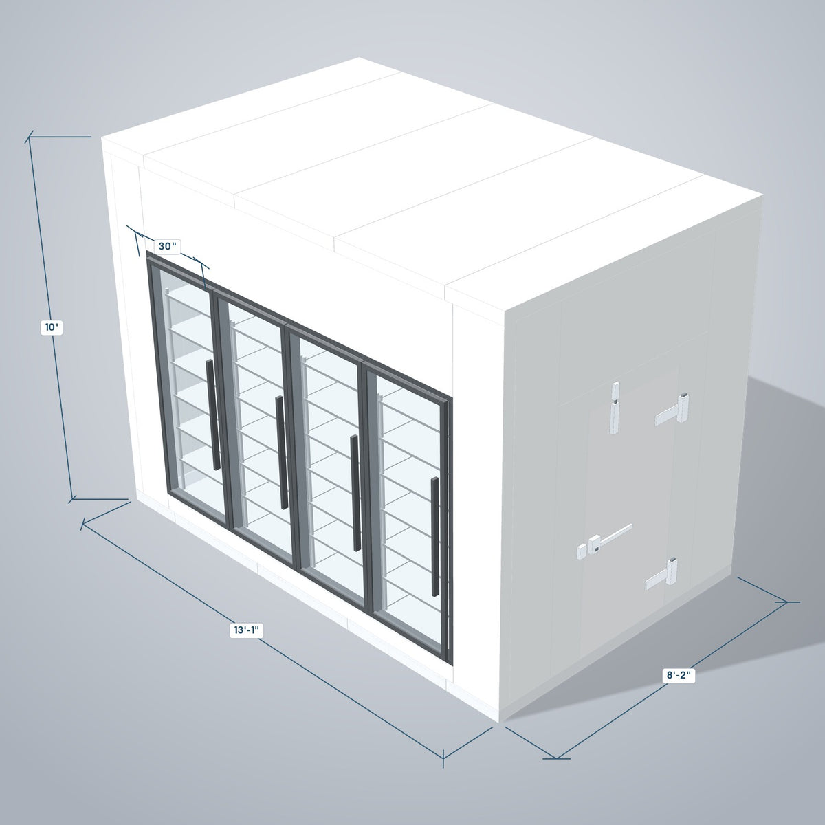 Astra HFWF8X13-S30F4-RM 8' x 13' Walk-In Freezer with Floor, 4 Glass Doors, 3D view with outside dimensions