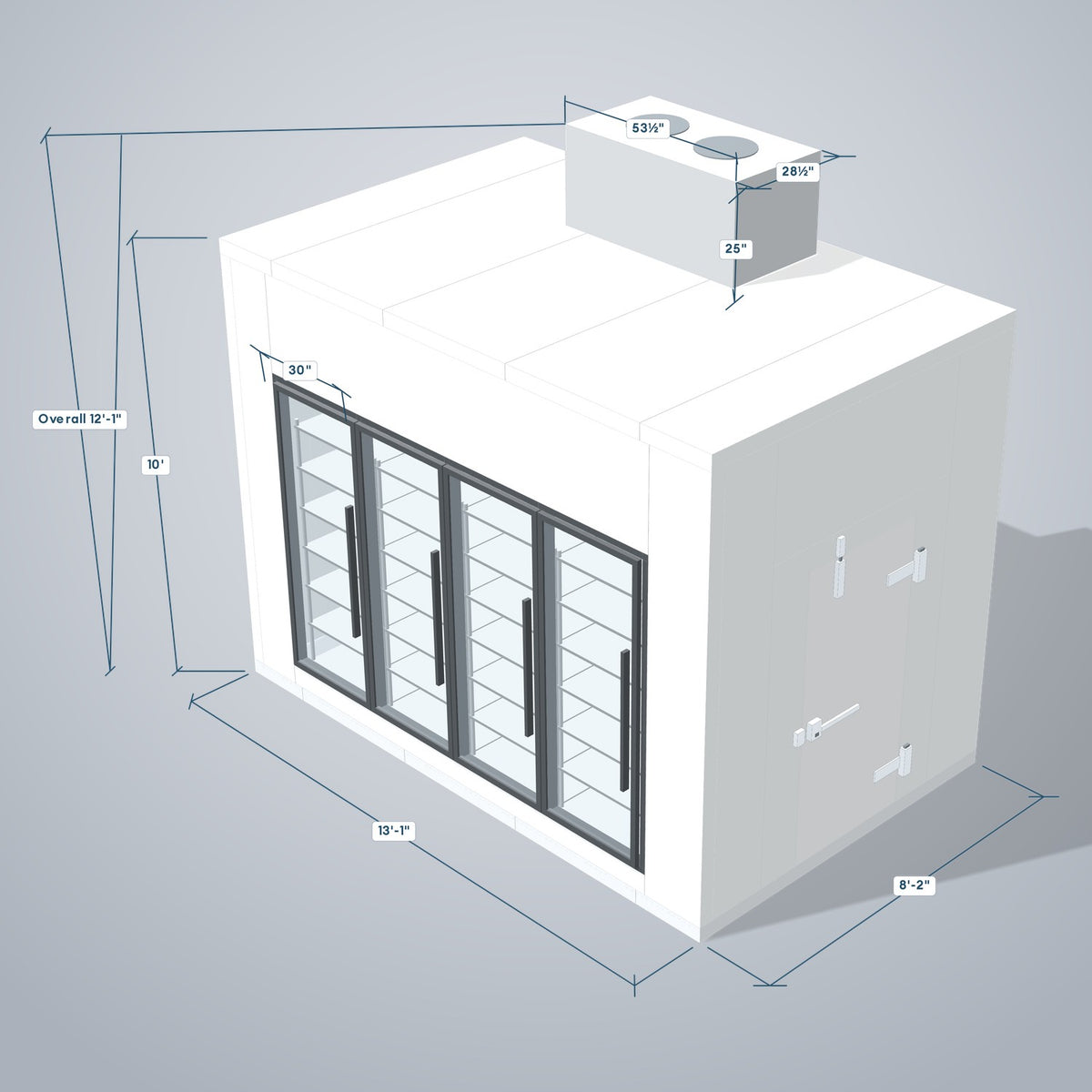 Astra HFWF8X13-S30F4-TM 8' x 13' Walk-In Freezer with Floor, 4 Glass Doors, 3D view with outside dimensions