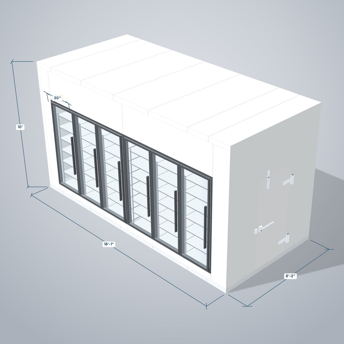 Astra HFWF8X18-S30F6-RM 8' x 18' Walk-In Freezer with Floor, 6 Glass Doors, 3D view with outside dimensions