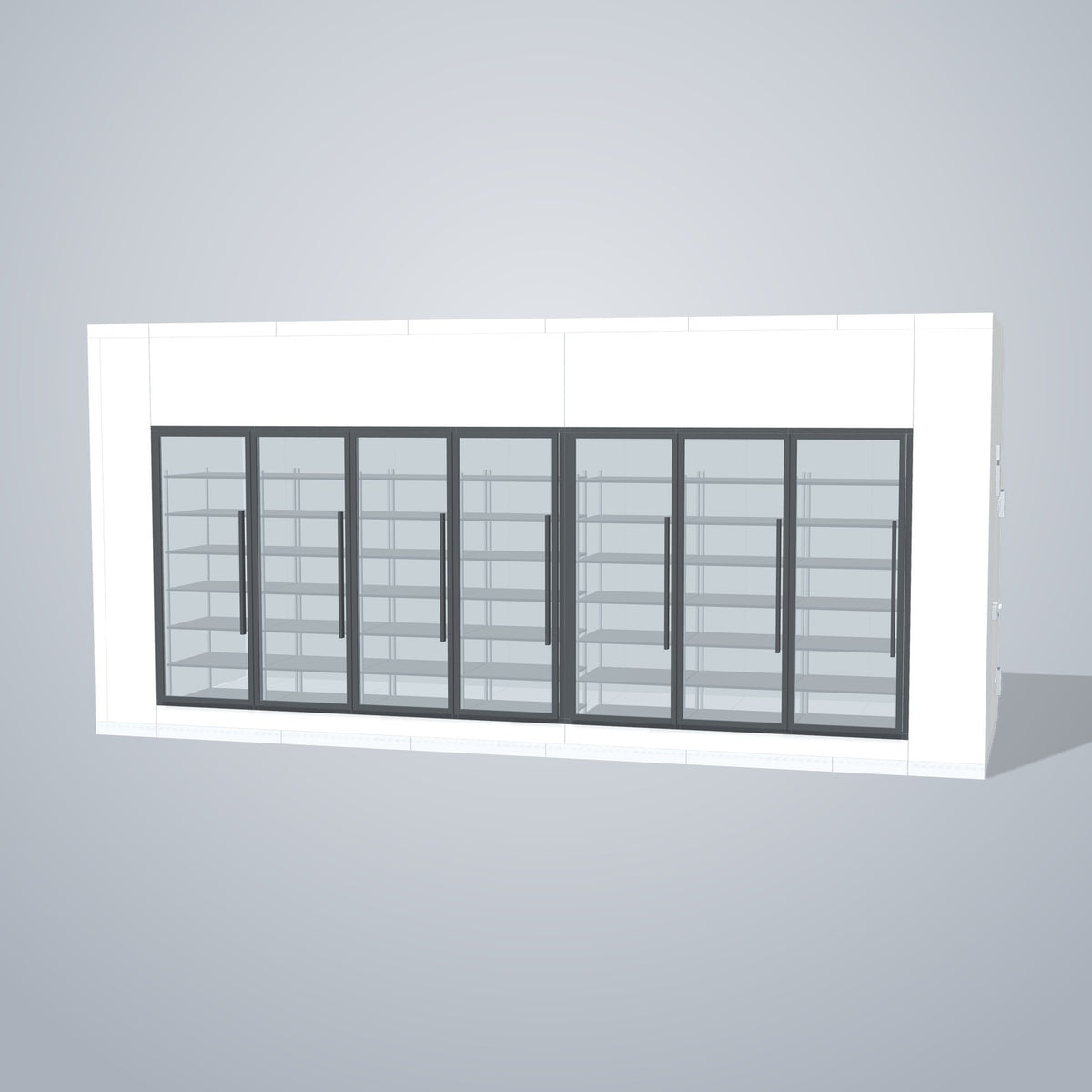Astra HFWF8X21-S30F7 8' x 21' Walk-In Freezer with Floor, 7 Glass Doors, front 3D view of the glass door wall