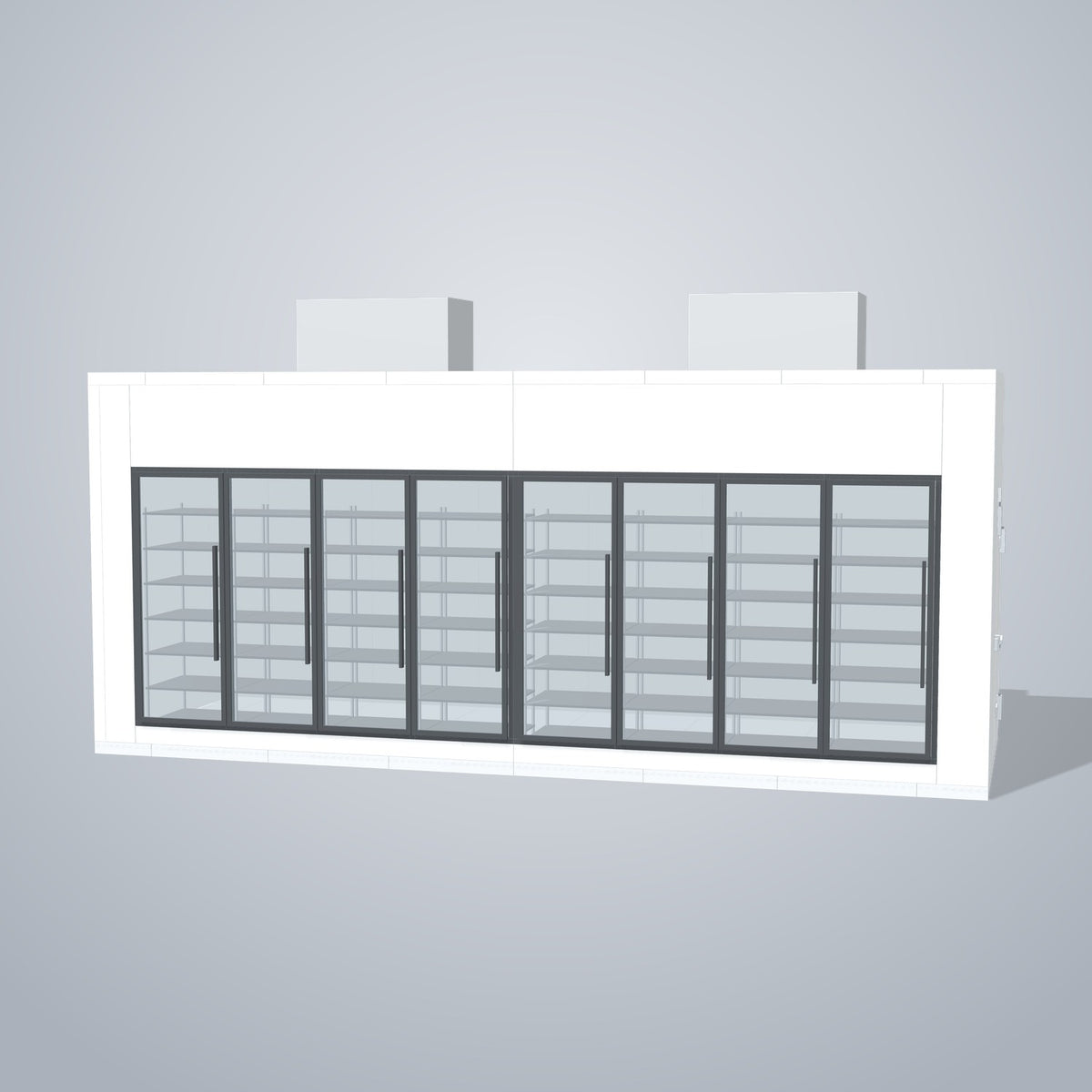 Astra HFWF8X23-S30F8-TM 8' x 23' Walk-In Freezer with Floor, 8 Glass Doors, front 3D view of the glass door wall
