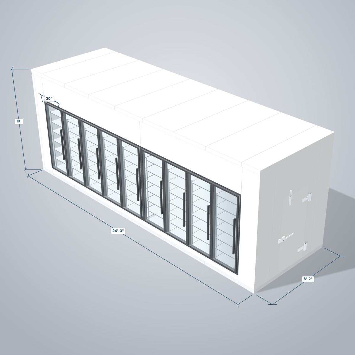 Astra HFWF8X26-S30F9-RM 8' x 26' Walk-In Freezer with Floor, 9 Glass Doors, 3D view with outside dimensions