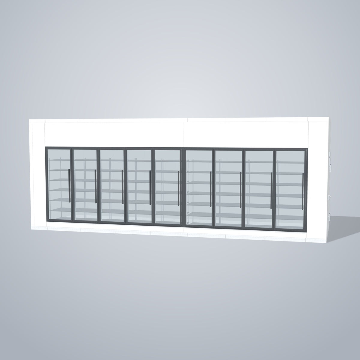 Astra HFWF8X26-S30F9-RM 8' x 26' Walk-In Freezer with Floor, 9 Glass Doors, front 3D view of the glass door wall