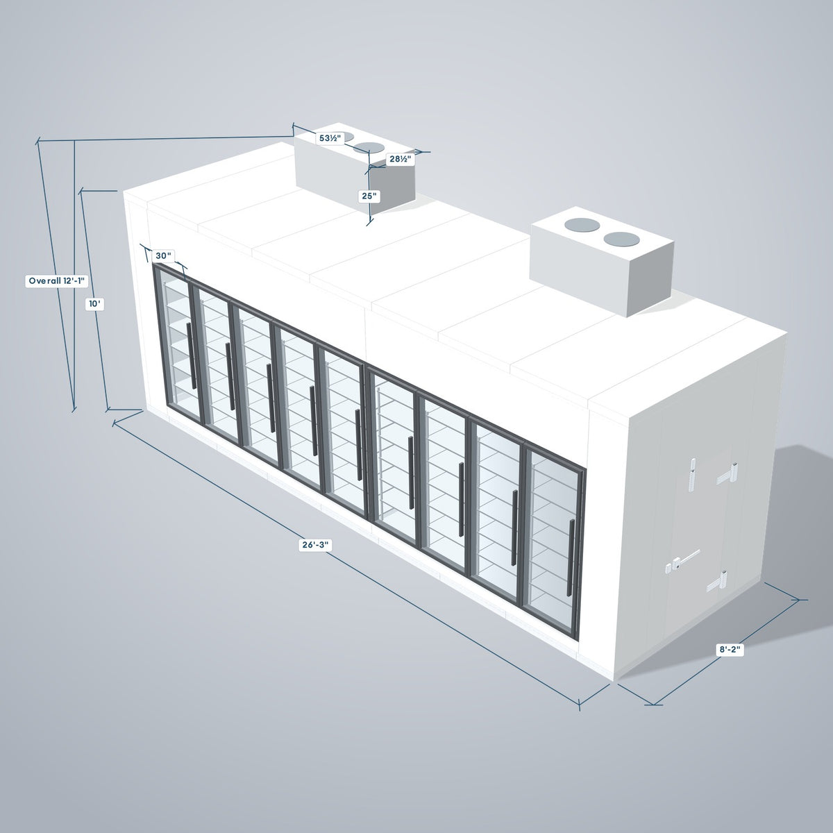 Astra HFWF8X26-S30F9-TM 8' x 26' Walk-In Freezer with Floor, 9 Glass Doors, 3D view with outside dimensions