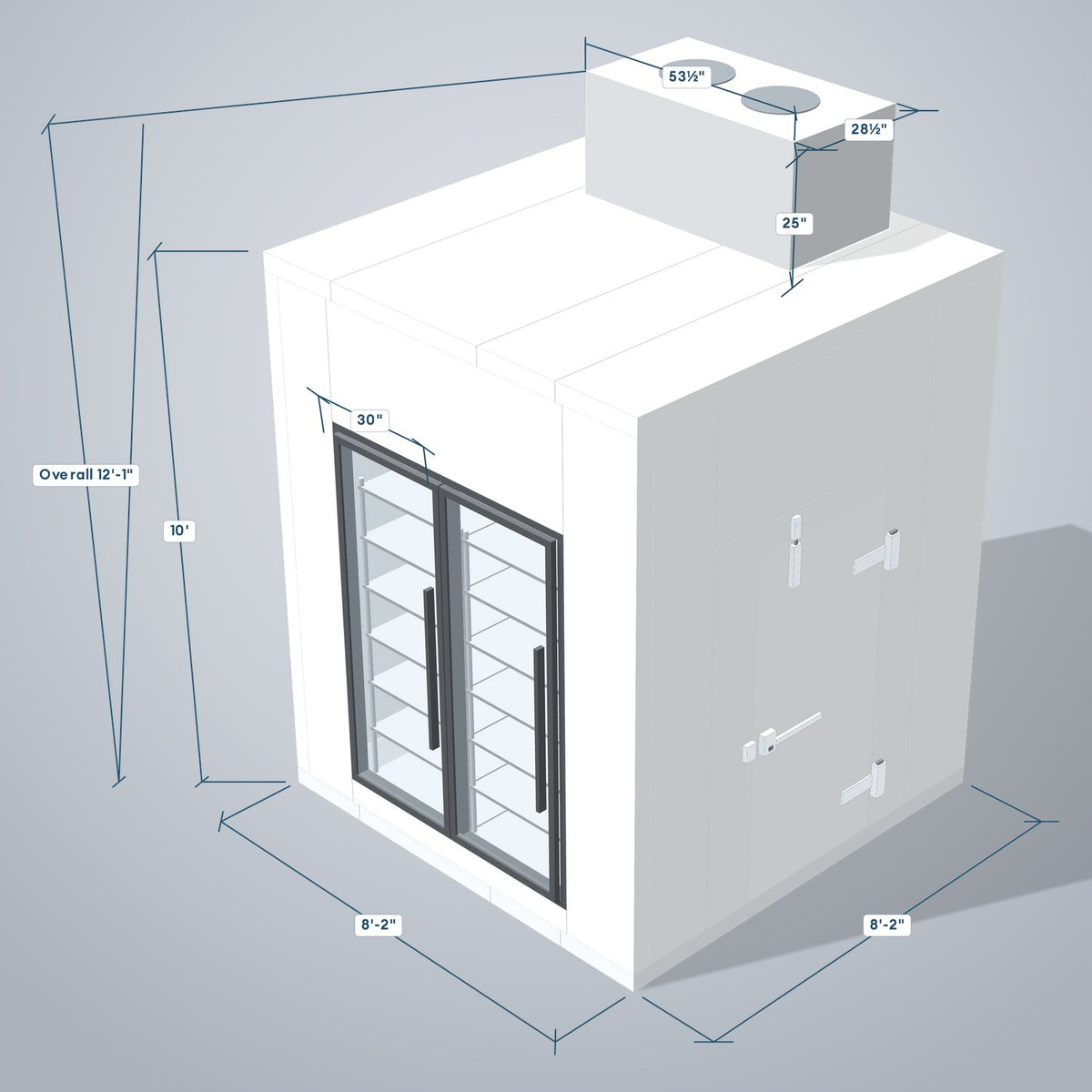 Astra HFWF8X8-S30F2-TM 8' x 8' Walk-In Freezer with Floor, 2 Glass Doors, 3D view with outside dimensions
