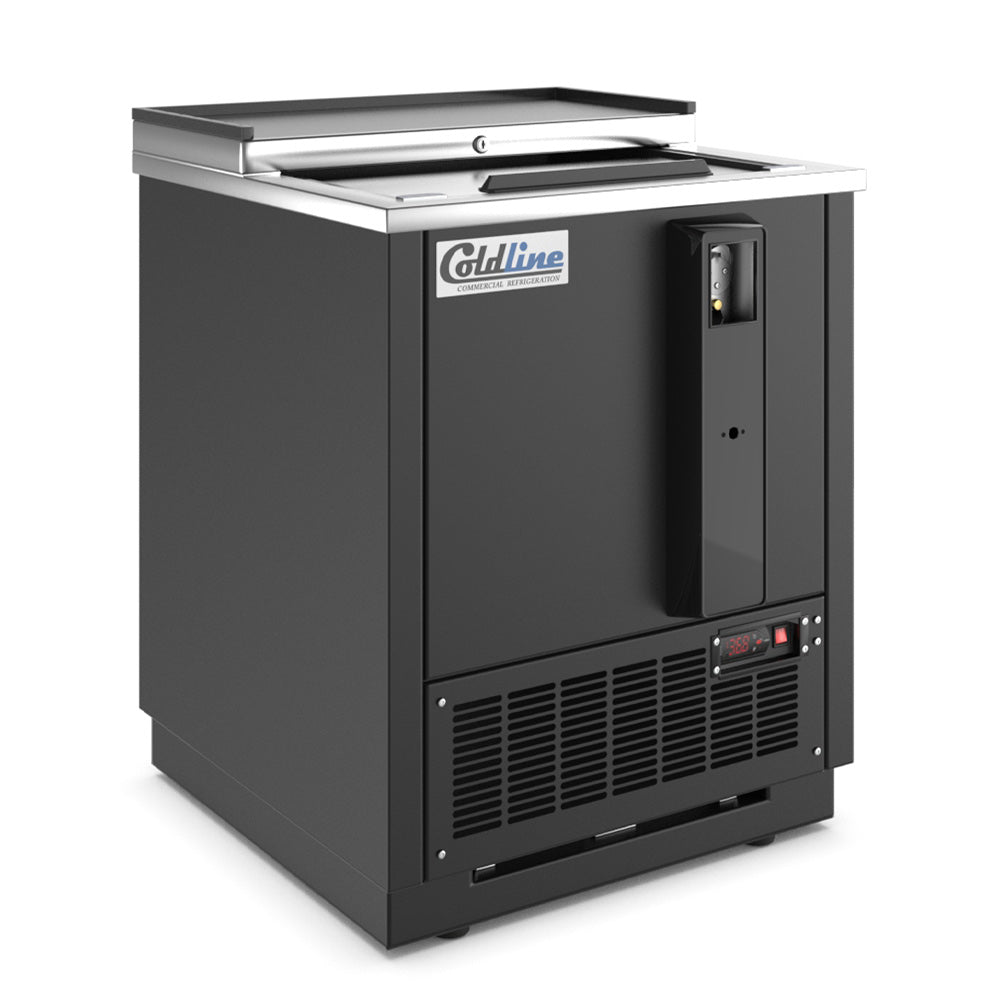 Coldline BBC-25 black horizontal bottle cooler, angled front view