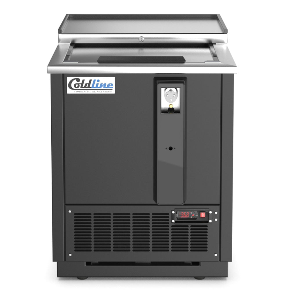 Coldline BBC-25 black horizontal bottle cooler, front view, lid closed