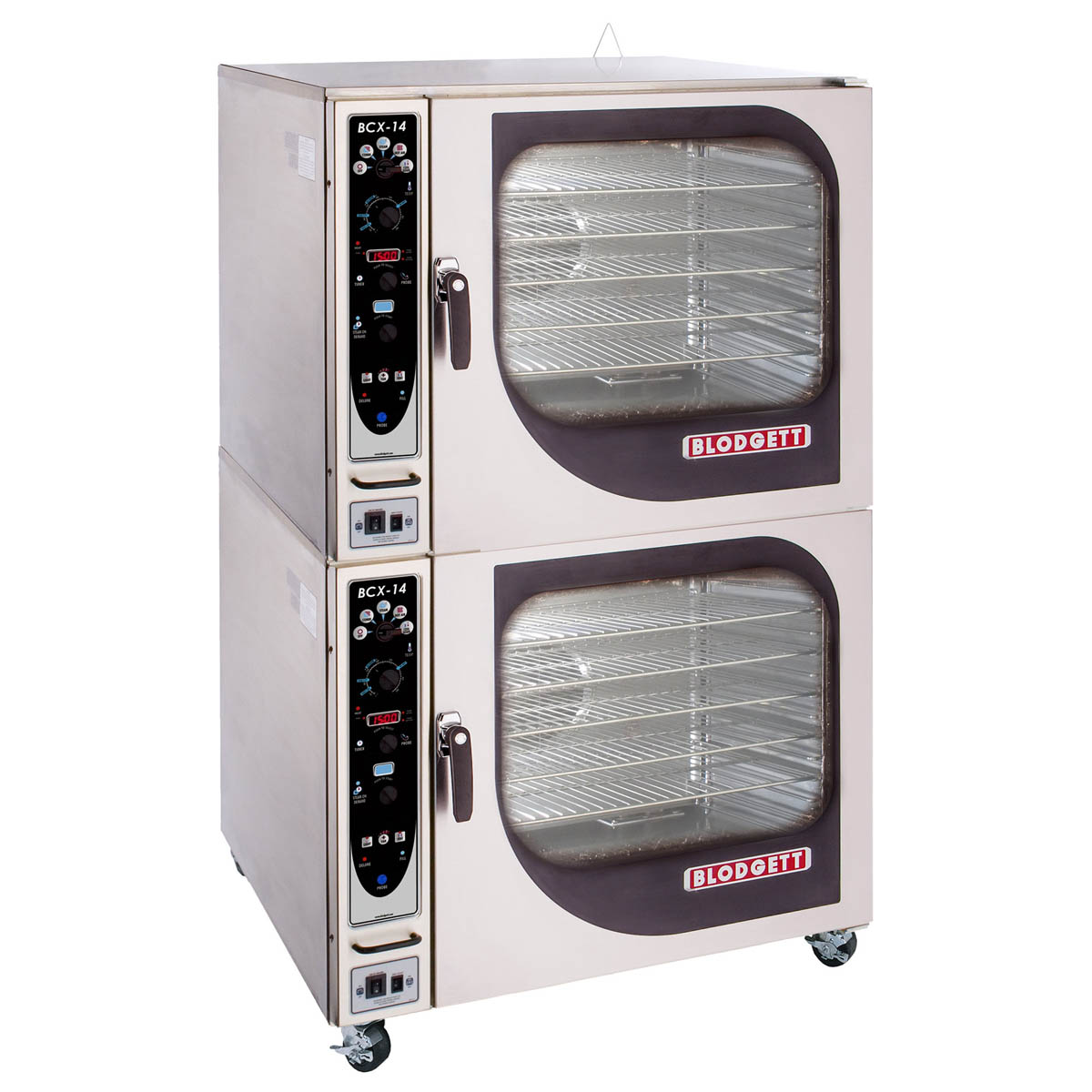 Blodgett BCX-14E DBL double-stack electric combi oven on casters, front view (earlier control panel shown)
