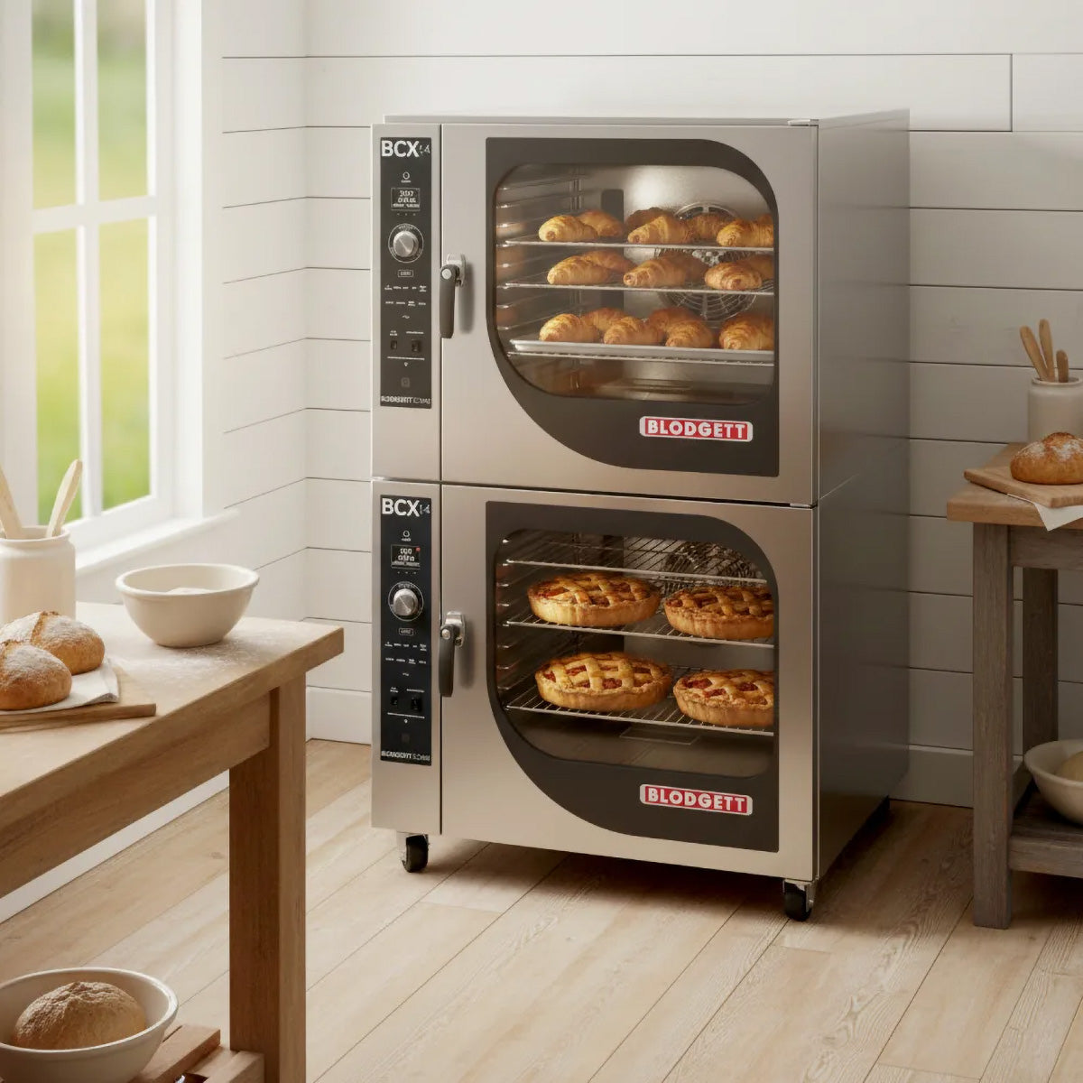 Blodgett BCX-14 double-stack combi oven in a bakery kitchen with bread and pastries (illustration)