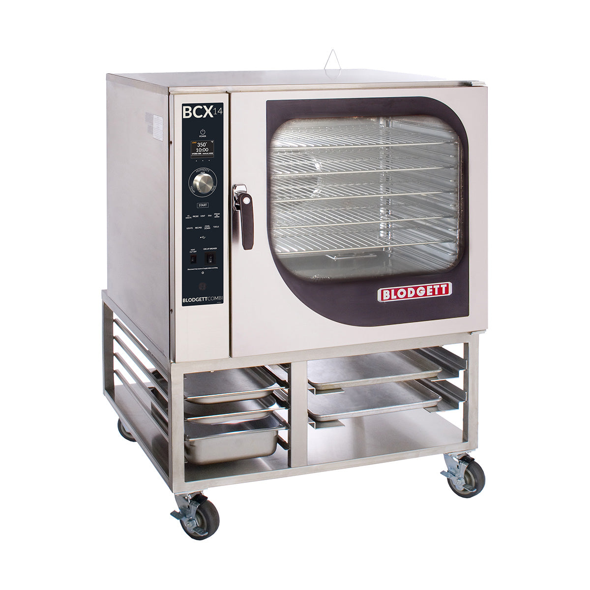 Blodgett BCX-14E SGL electric combi oven on floor stand with rack supports, front angle view