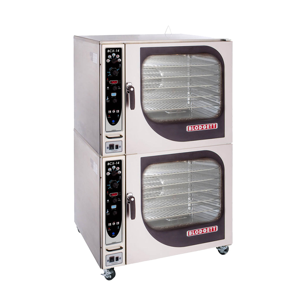 Blodgett BCX-14G DBL double-stack gas combi oven on casters, front angle view (earlier control panel shown)