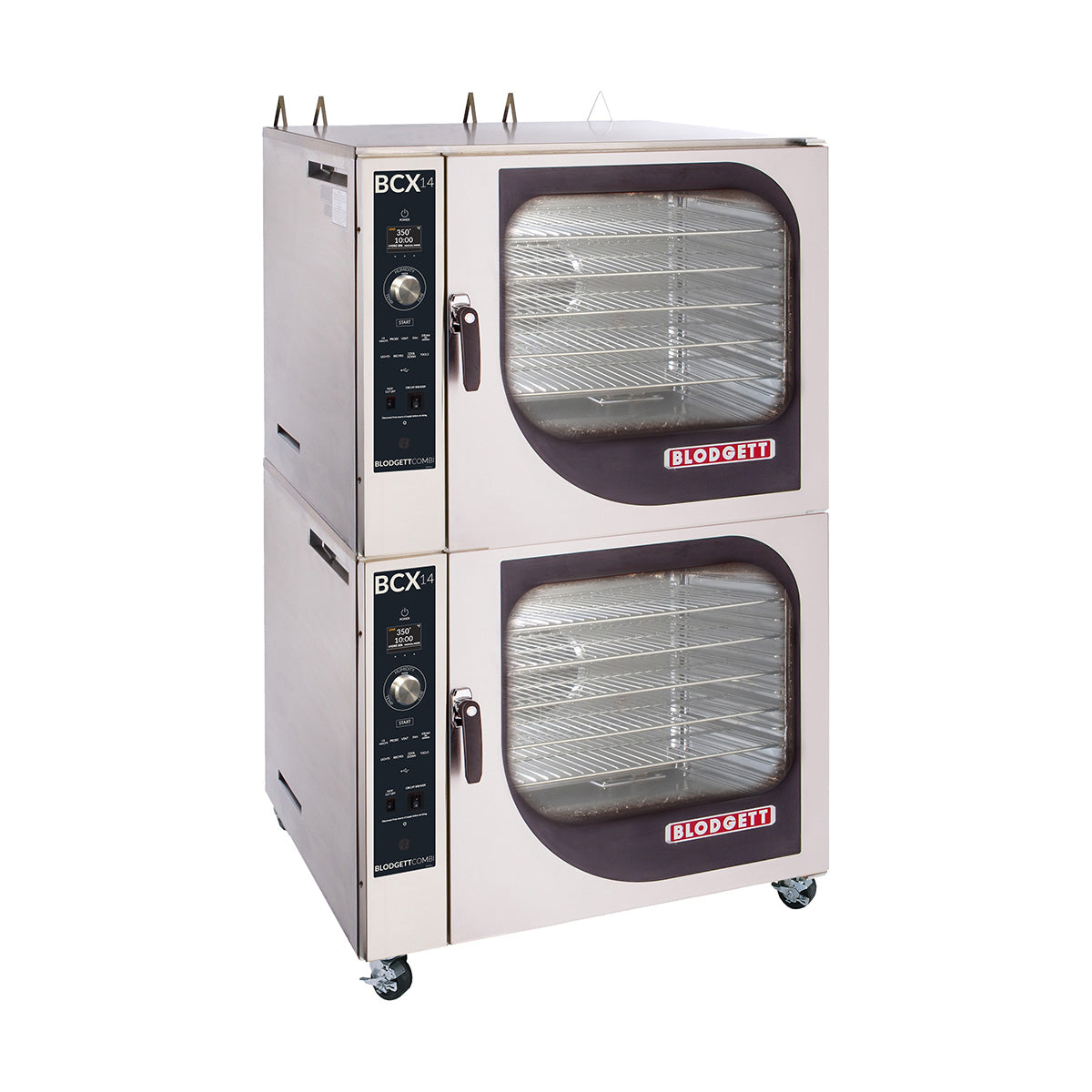 Blodgett BCX-14G DBL double-stack gas combi oven with manual controls, front view, doors closed