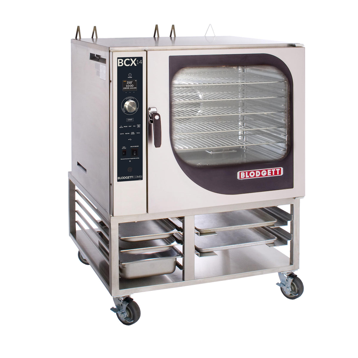 Blodgett BCX-14G SGL gas combi oven on floor stand with rack supports, front angle view