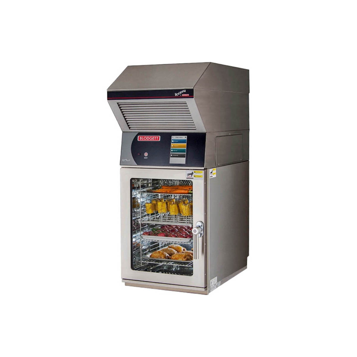Blodgett BLCT-10E-H mini combi oven with Hoodini ventless hood, loaded with food, angled view