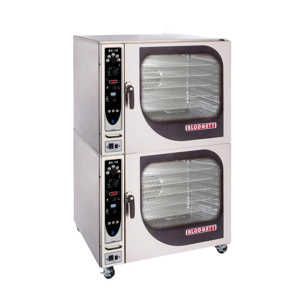 Blodgett BX-14G DBL double-stack gas combi oven on casters, front angle view (earlier control panel shown)