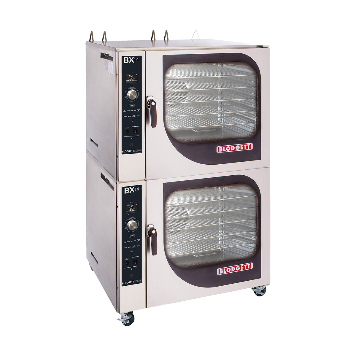 Blodgett BX-14G DBL double-stack boilerless gas combi oven on casters, front view, doors closed