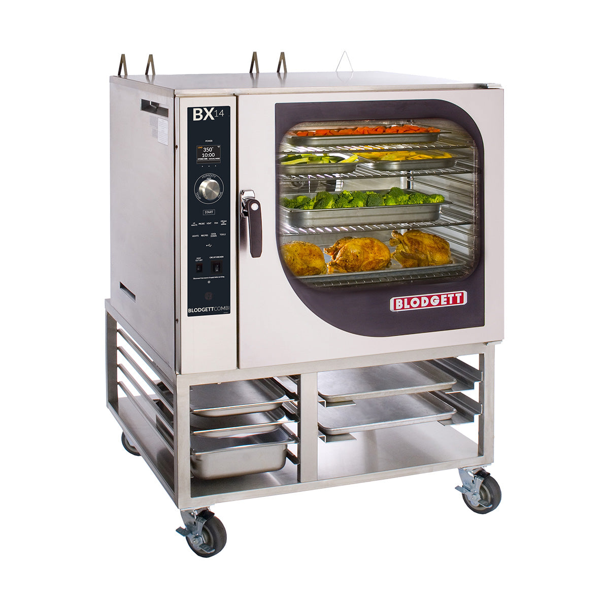 Blodgett BX-14G SGL gas combi oven on floor stand with rack supports, food on the shelves