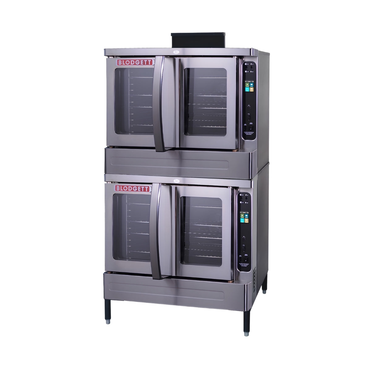 Blodgett DFG-200 double-stack gas convection ovens with touchscreen controls on 6" legs, front view