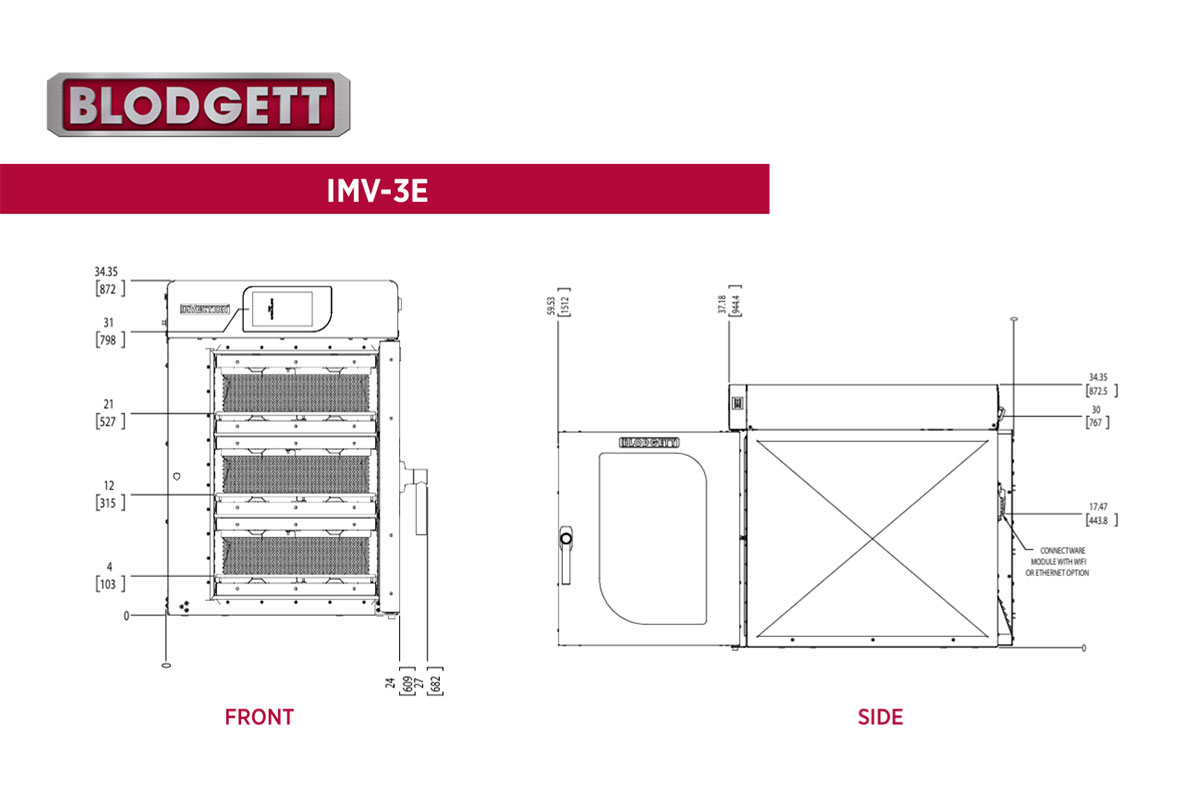 Blodgett IMV-3E ImVection oven dimension drawing, front and side views