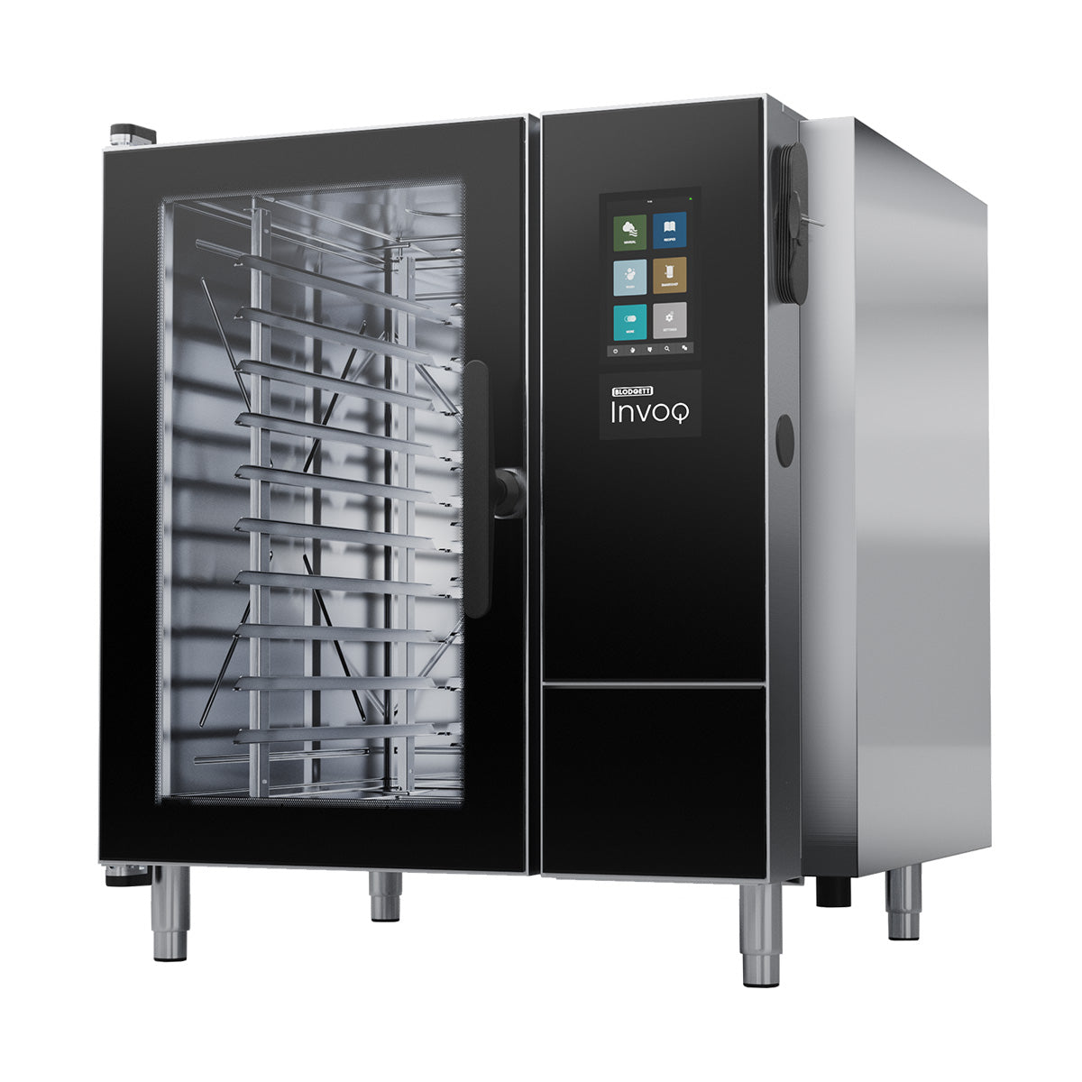 Blodgett Invoq 6-1/1 GN combi oven, angled front view with rack inside