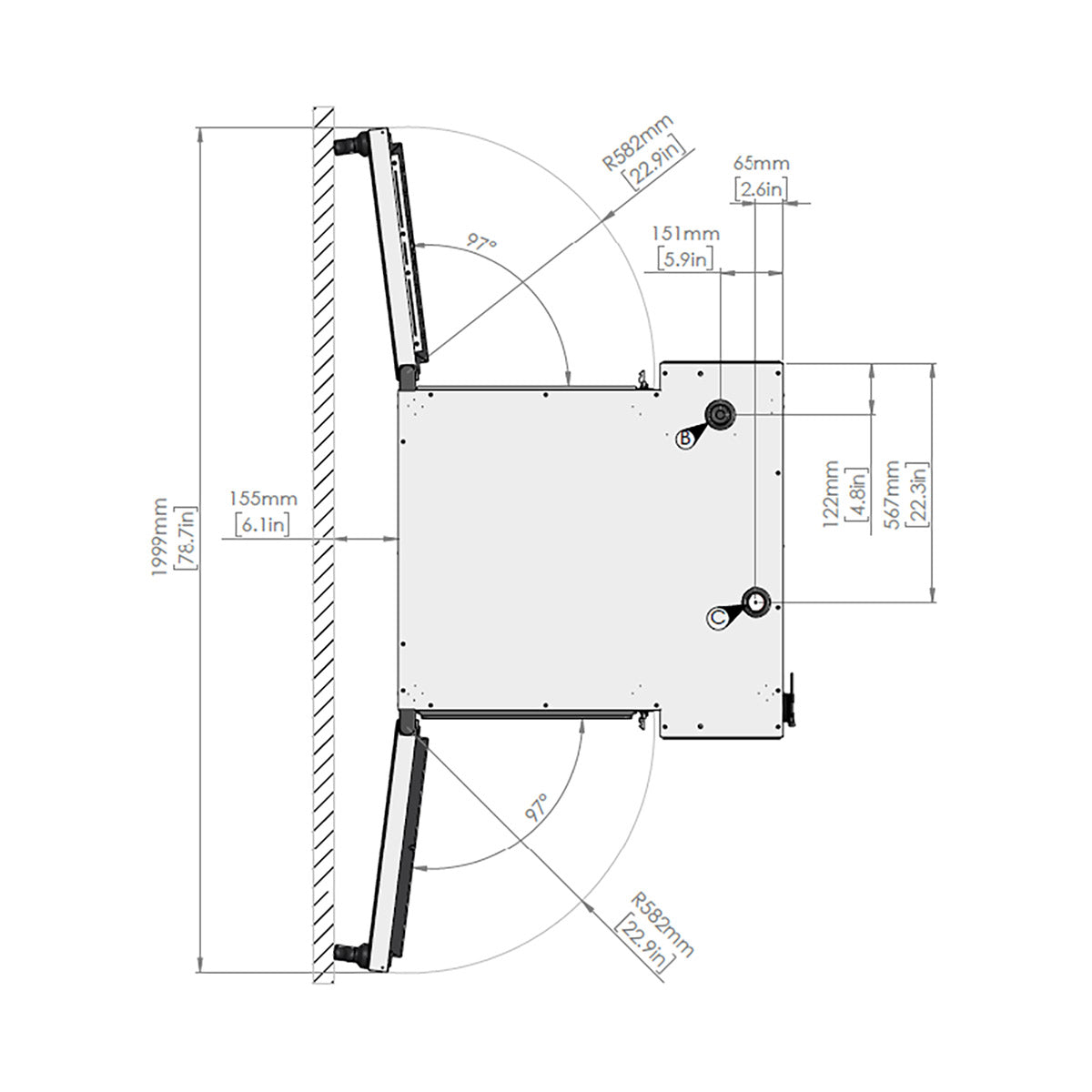 Blodgett Invoq 6-1/1 GN pass-through combi oven, top view drawing with door swing