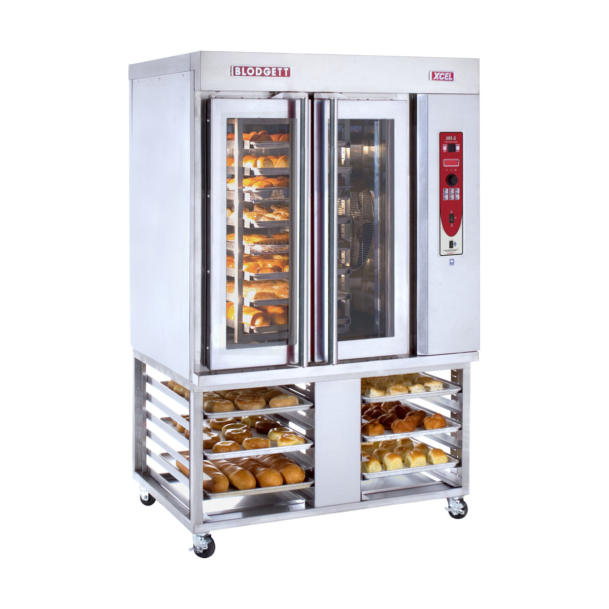 Blodgett XR8-G mini rotating rack oven on 12-pan stand with baked bread, front view