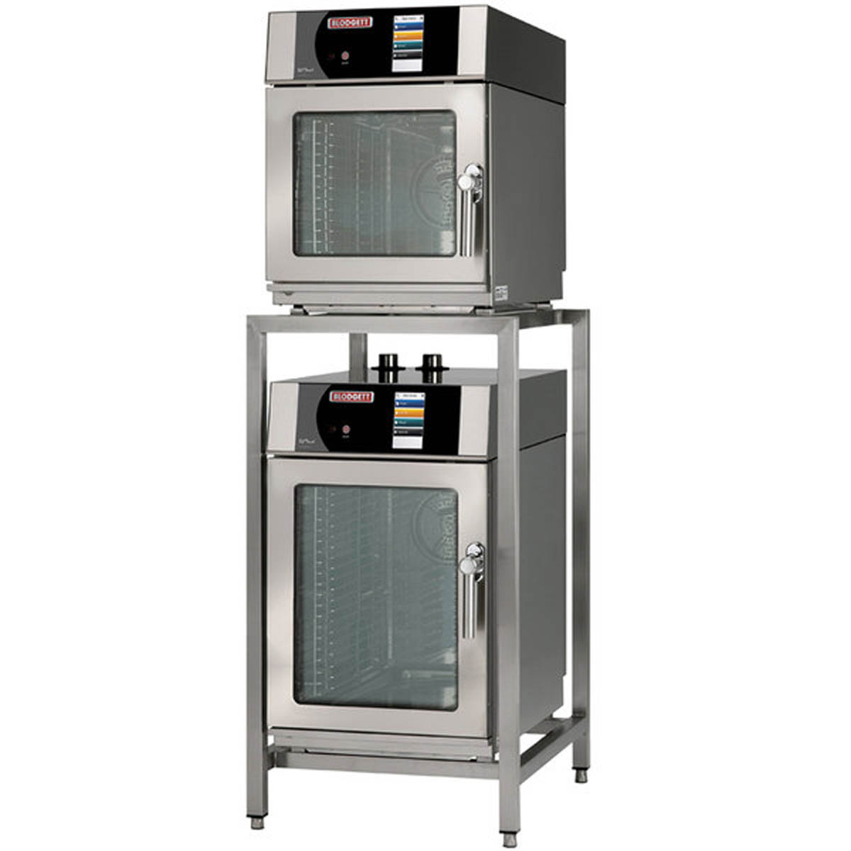 Blodgett BLCT-6-10E stacked mini combi ovens on stand, front view