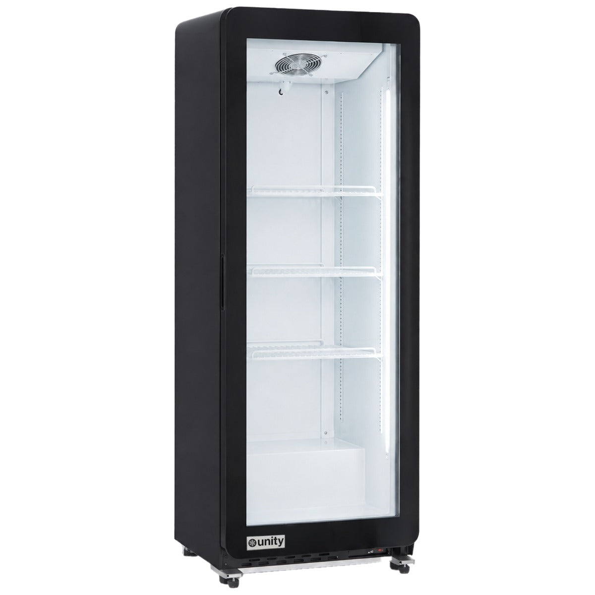 Unity BLU-22SB glass door merchandiser refrigerator, empty, front angle view