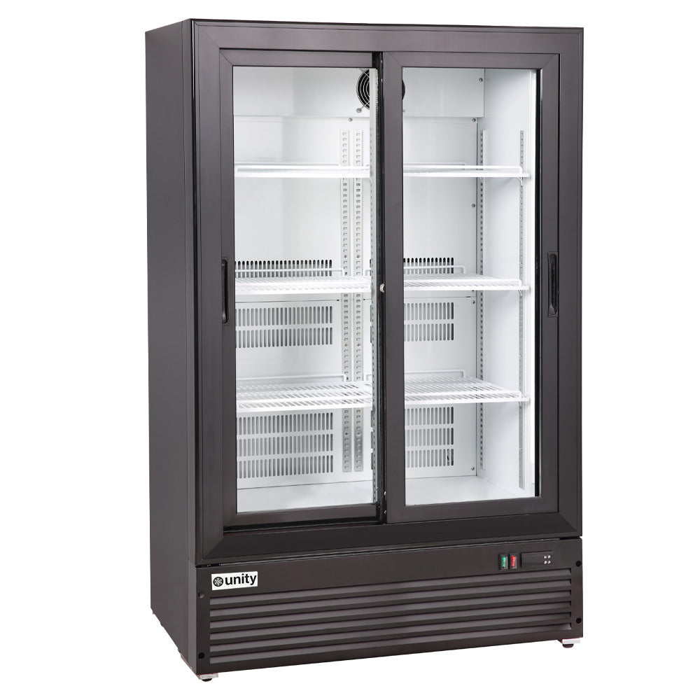 Unity BLU-36SB sliding glass door merchandiser refrigerator, empty, front view