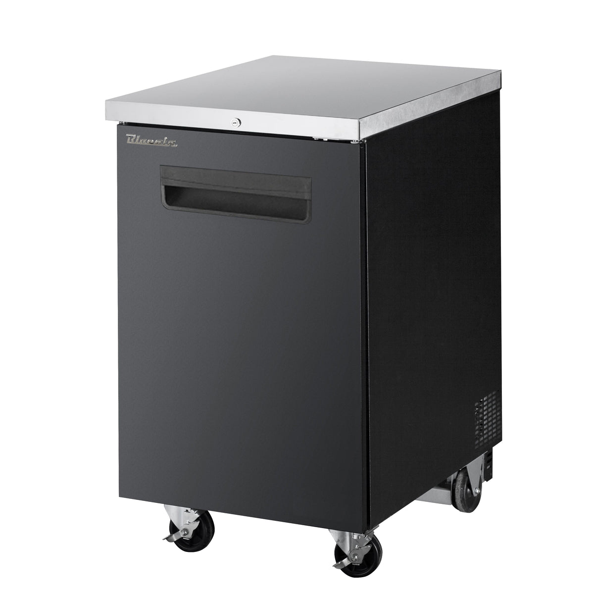 Blue Air BBB23-1B-HC back bar cooler with a solid door, black finish, front angle view