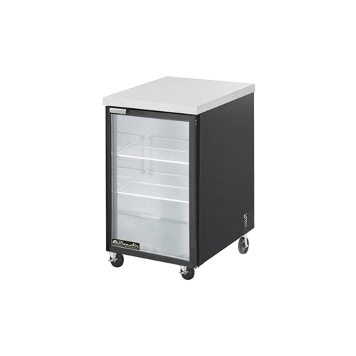 Blue Air BBB23-1SG-HC back bar cooler with a glass door, front angle view; photo shows a black cabinet