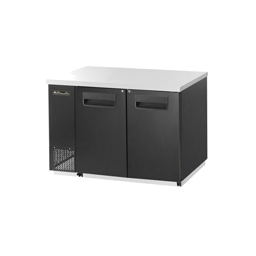Blue Air BBB59-2S-HC back bar cooler with solid doors, front angle view; photo shows a black cabinet
