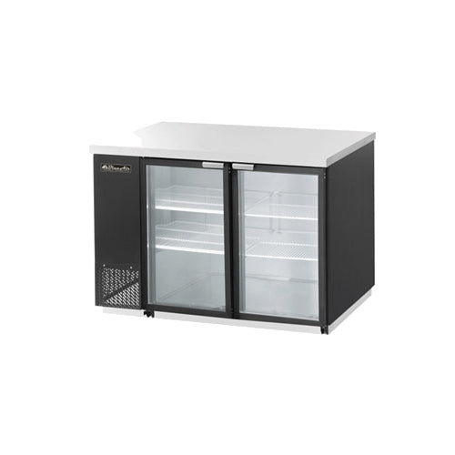 Blue Air BBB59-2SG-HC back bar cooler with glass doors, front angle view; photo shows a black cabinet